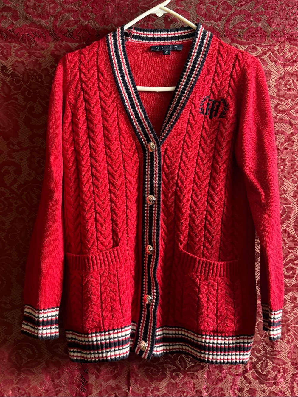 Tommy Hilfiger Red Cable Knit Cardigan XS | Preppy Varsity Crest Sweater
